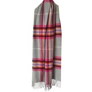 V. FRAAS Cashmink Plaid Scarf Fringe Tassels Gray‎ Pink Classic Preppy Cozy NWOT